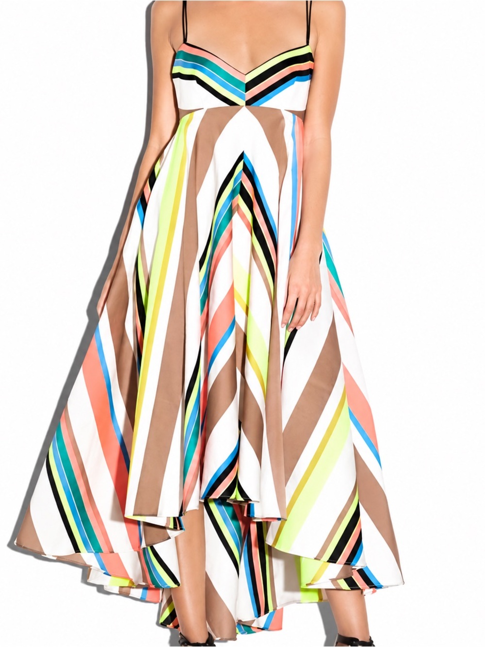Milly mitered trapeze linen blend high-low neon striped maxi dress Sz 4 EUC